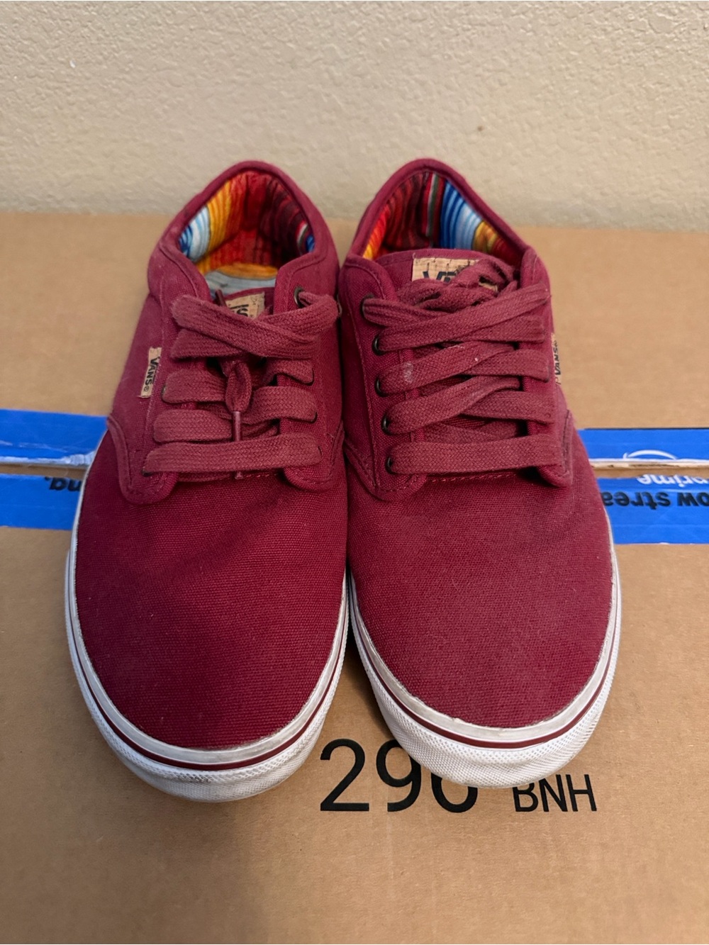 Vans Men's Burgundy Canvas Sneakers with Multicolor Liner - Size 12